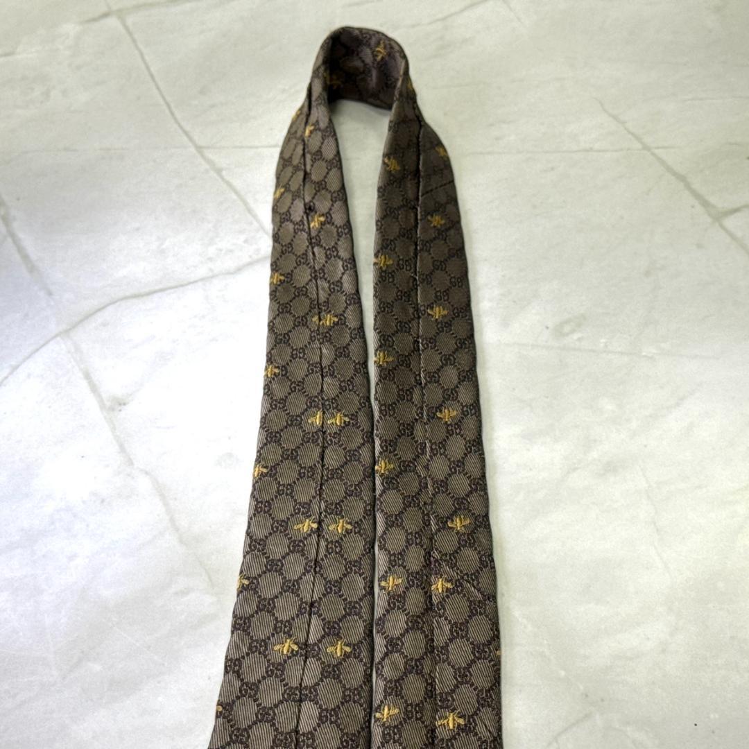 ☆即発 GUCCI 蜂 Bee GG柄 ネクタイ ブラウン シルク 伊製 美品