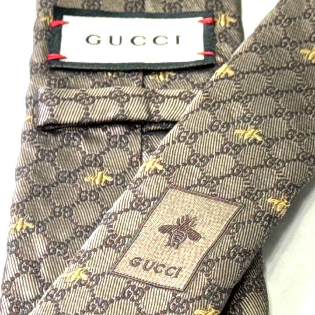 ☆即発 GUCCI 蜂 Bee GG柄 ネクタイ ブラウン シルク 伊製 美品