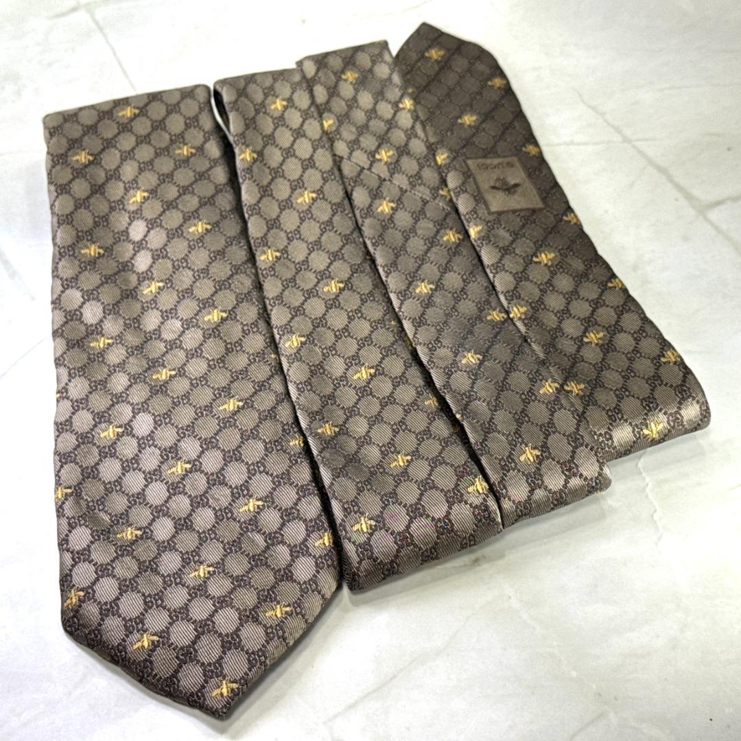 ☆即発 GUCCI 蜂 Bee GG柄 ネクタイ ブラウン シルク 伊製 美品