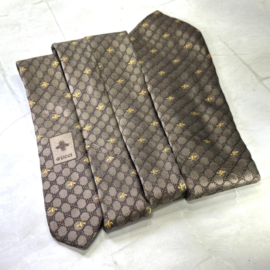 ☆即発 GUCCI 蜂 Bee GG柄 ネクタイ ブラウン シルク 伊製 美品