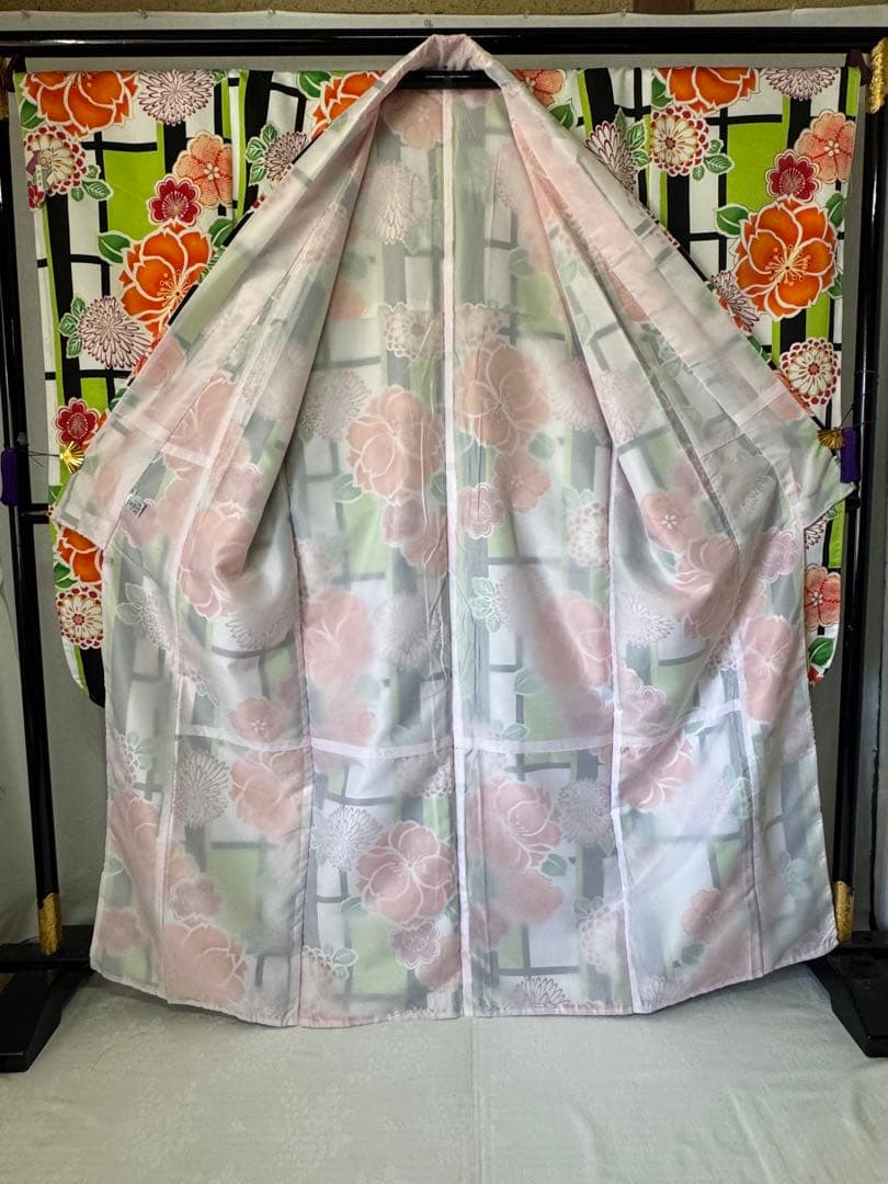 [極美品] 洗える　本振袖　白　緑　格子　成人式　結婚式　振袖　礼装　高身長