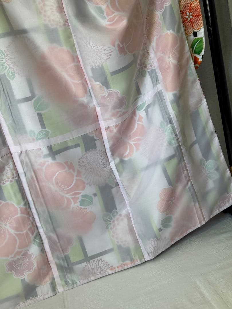 [極美品] 洗える　本振袖　白　緑　格子　成人式　結婚式　振袖　礼装　高身長