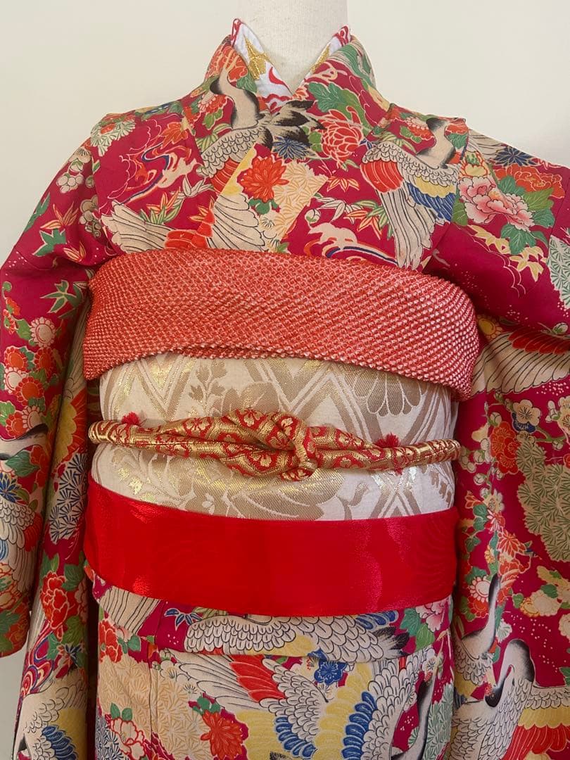 7歳　七五三　アンティーク正絹着物、アンティーク帯、帯揚げ、帯締め　しごきセット