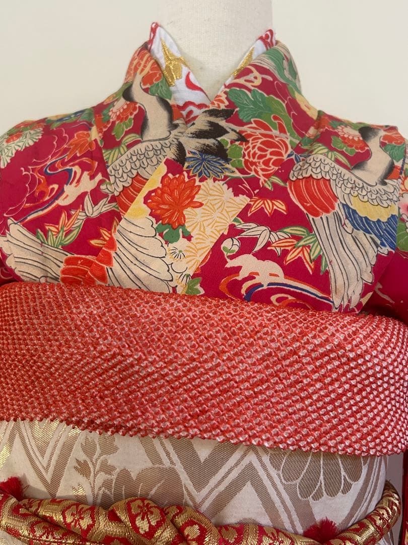 7歳　七五三　アンティーク正絹着物、アンティーク帯、帯揚げ、帯締め　しごきセット