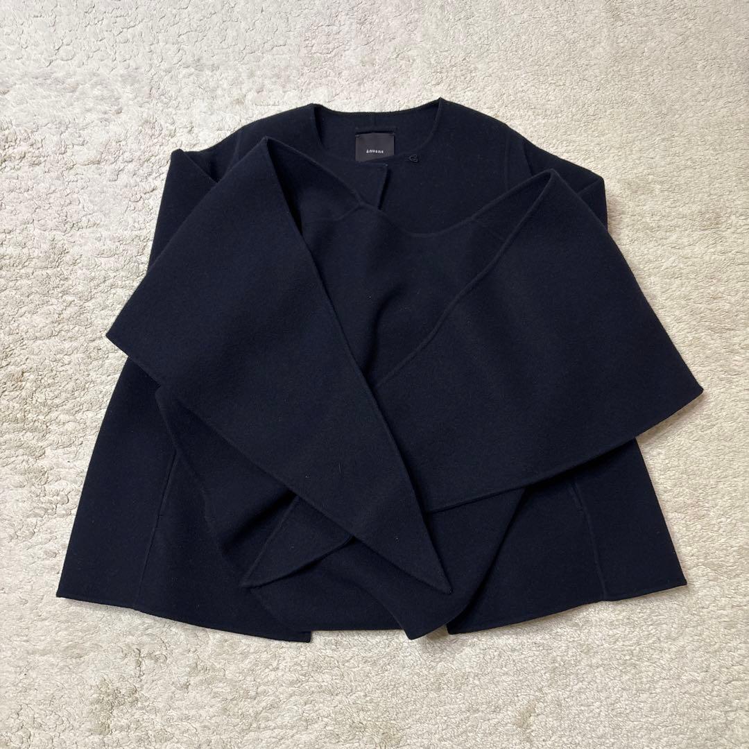 ベルト、ストールつきネイビー ノーカラー ジャケットアニュアンス