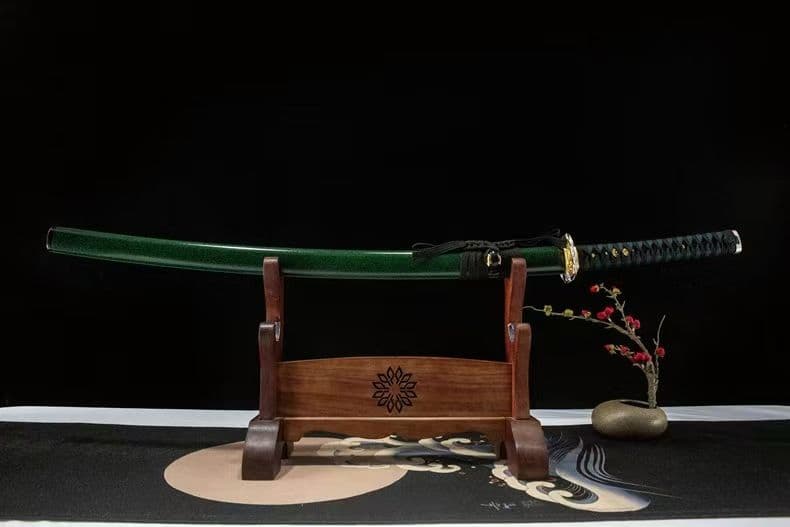 ３日内速達 緑魔太刀1060高マンガン鋼模造刀金豹刀鍔緑鞘青紐居合練習用日本刀