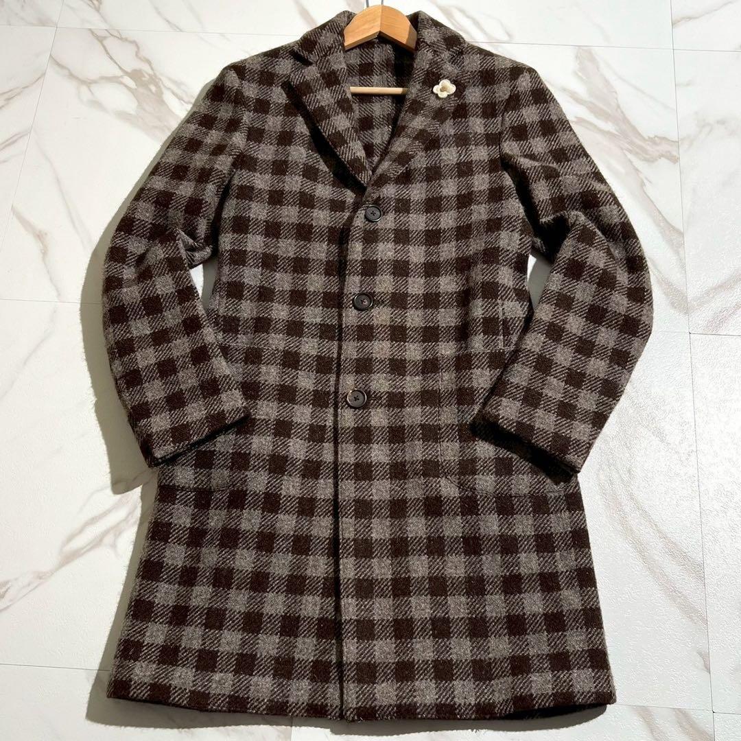 極美品 ラルディーニ チェスターコート ブートニエール チェック柄 【80】