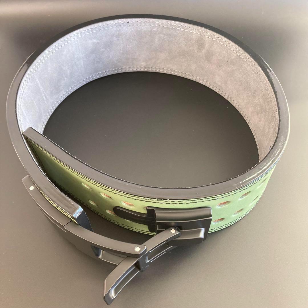 パワーベルト レバーアクション Lサイズ ワンタッチ可変式 本革 緑 黒ステッチ