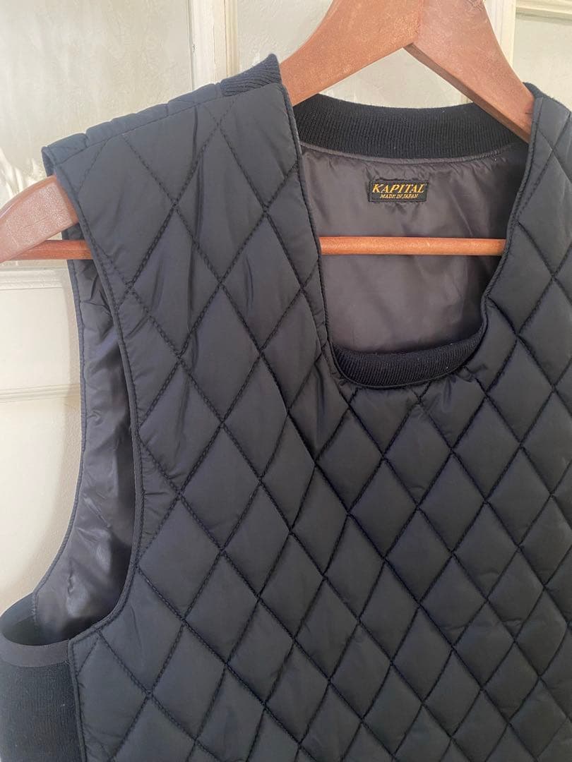 KAPITAL キルティング ライナーベスト 黒 リブ切替 ポケット付き