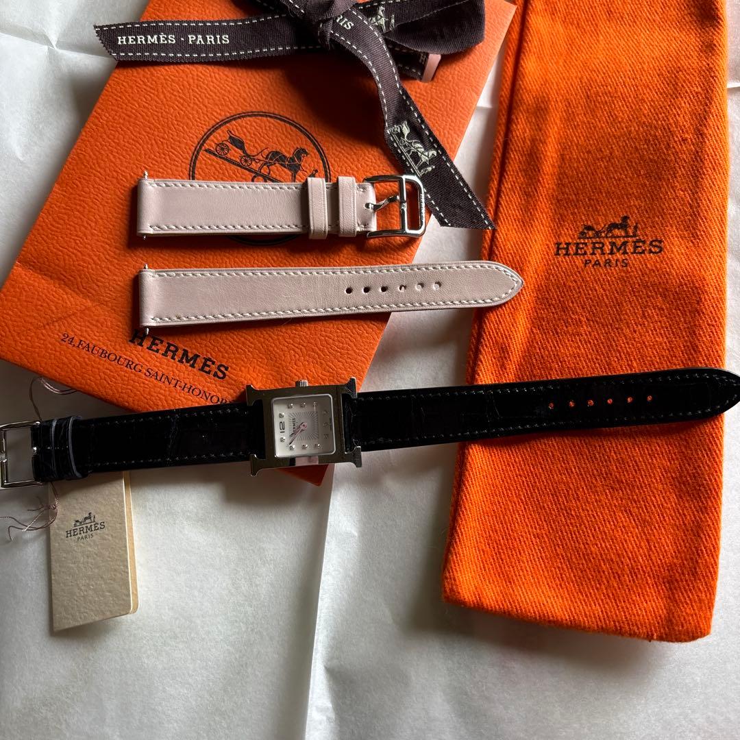 HERMES hウォッチ　薄ピンク レザー 時計替ベルト　　お得　尾錠付き