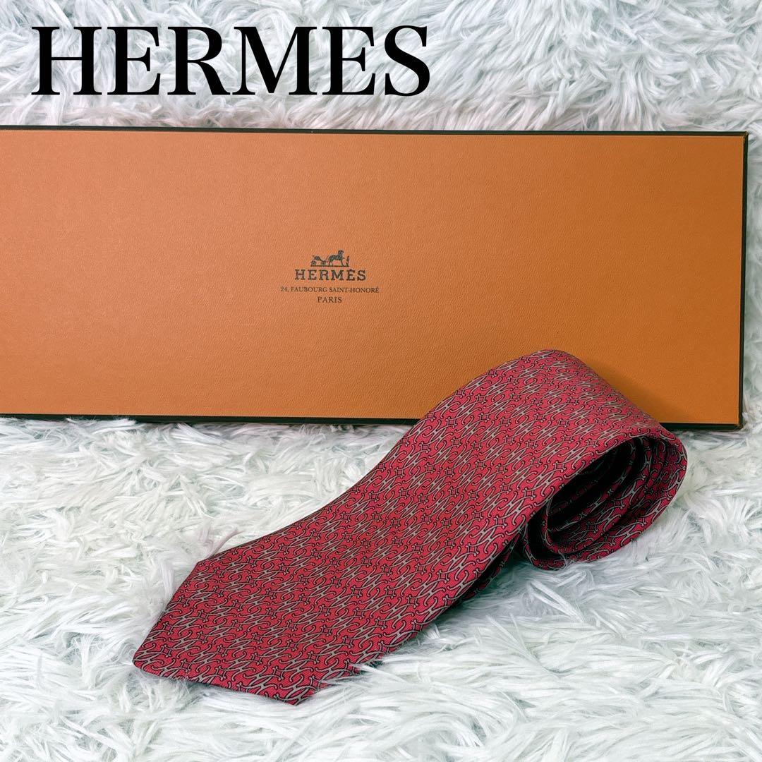 HERMES 赤色 パターン入り ネクタイ 箱付き