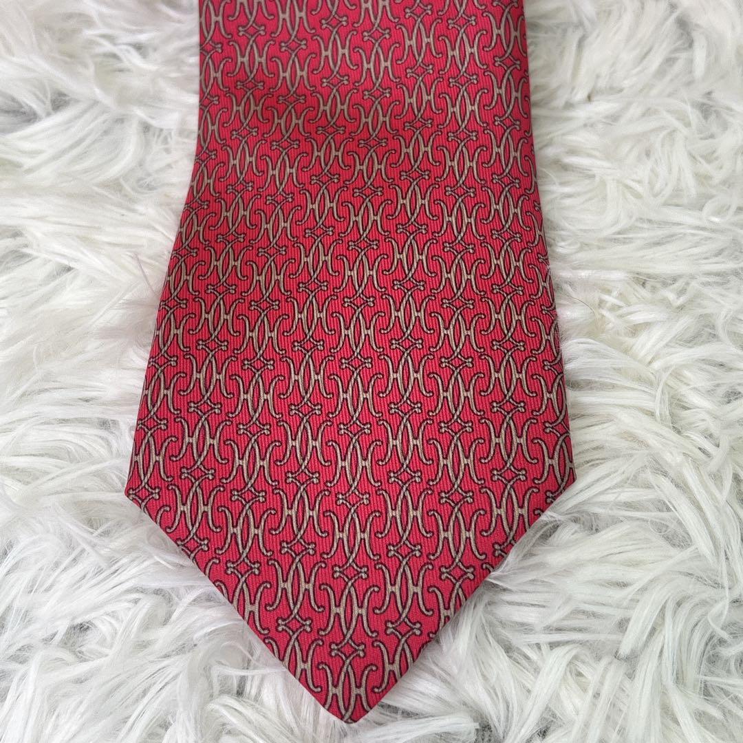 HERMES 赤色 パターン入り ネクタイ 箱付き
