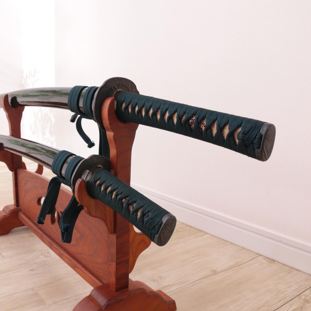 模造刀 日本刀 大小セット 黒柄 木製刀掛け(刀置き)・収納袋セット