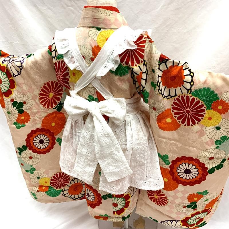 409ag96□七五三 三歳 女児 アンティーク 着物のみ 市松模様 菊文□美品