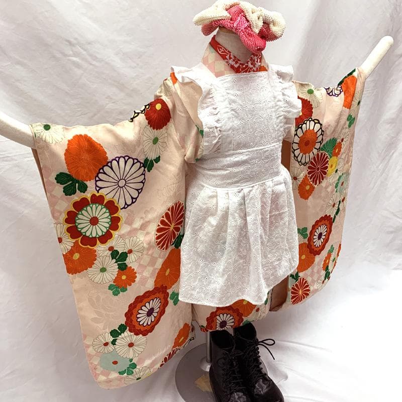 409ag96□七五三 三歳 女児 アンティーク 着物のみ 市松模様 菊文□美品