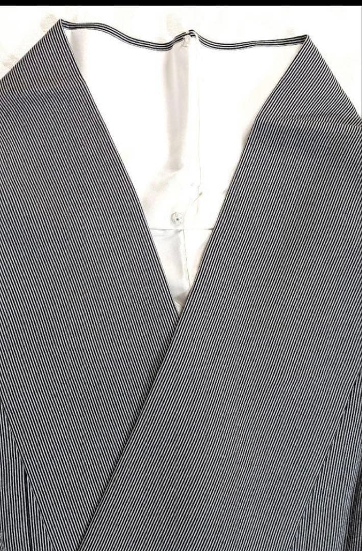 江戸小紋 万筋　黒x薄グレー袷　正絹　縞　丈160 裄65、5 紋なし