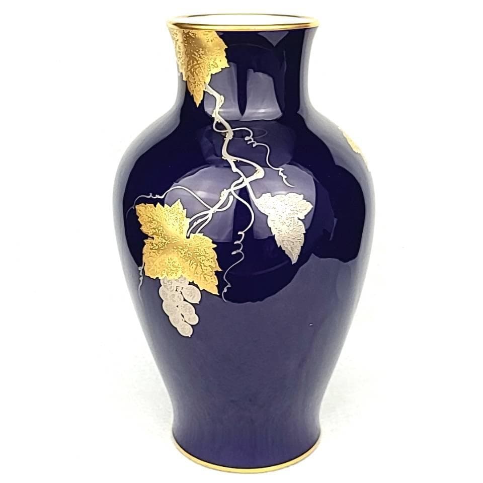 □良品□大倉陶園 瑠璃金蝕ぶどう フラワーベース 花瓶 箱つき