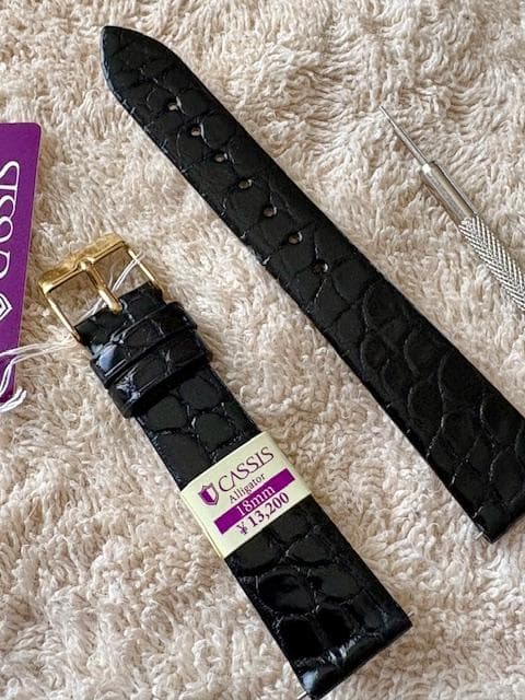 ★CASSISアリゲーター時計ベルト★クリッカー/ブラック/18mm★ばね棒付き