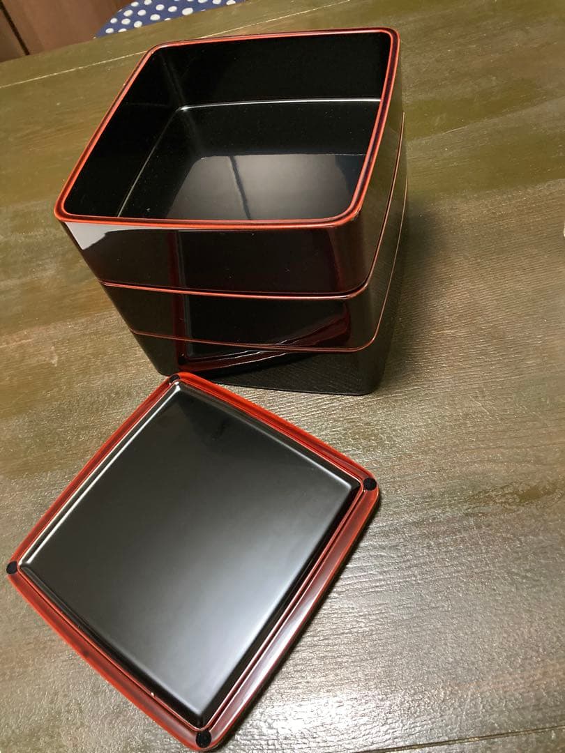 新品★越前漆器 三段重箱 胴張 溜内黒6寸　工芸品
