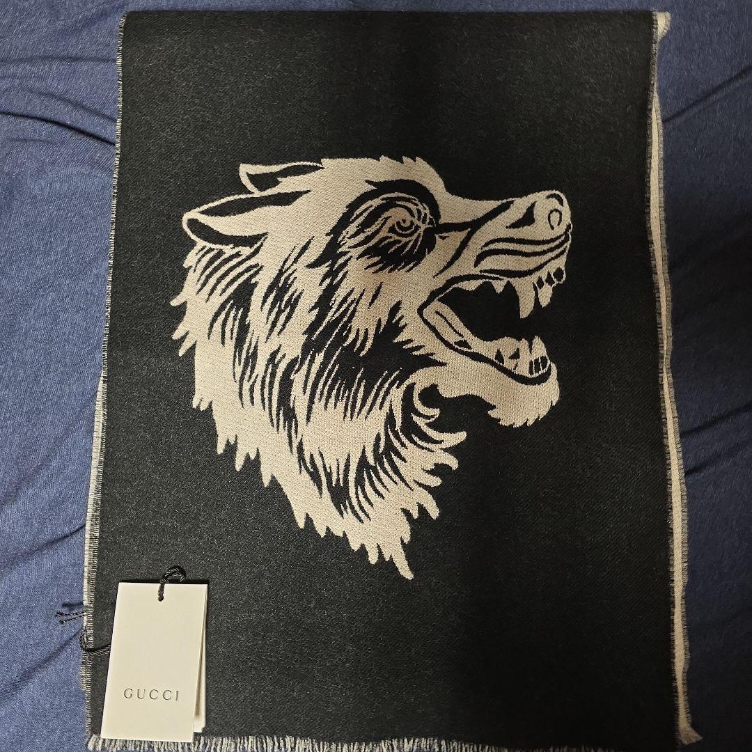 GUCCI マフラー 狼の顔刺繍 ベージュ ダークグレー