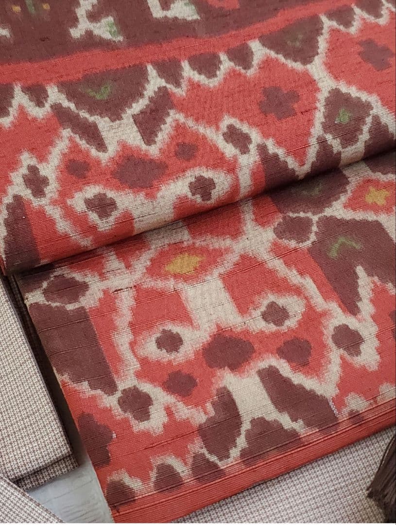 【ご予約品＊】異国風の袋帯　イカット　インドネシア　エスニック　赤茶　正絹