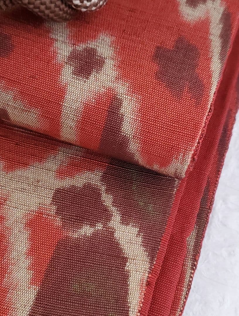 【ご予約品＊】異国風の袋帯　イカット　インドネシア　エスニック　赤茶　正絹