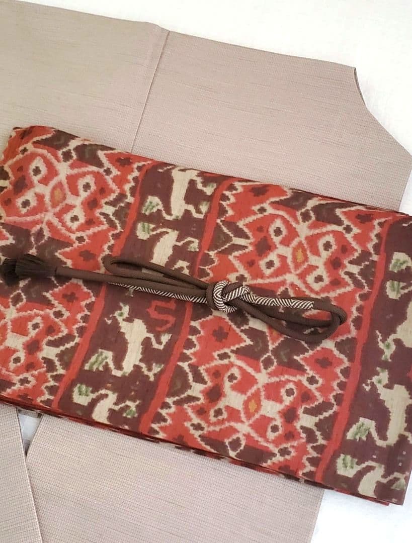 【ご予約品＊】異国風の袋帯　イカット　インドネシア　エスニック　赤茶　正絹