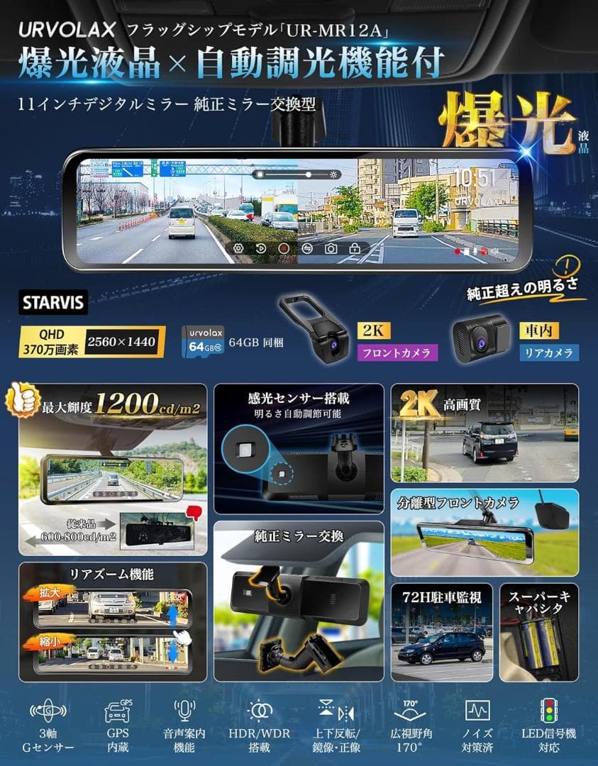 【新品未開封】URVOLAX デジタルインナーミラー UR-MR12A