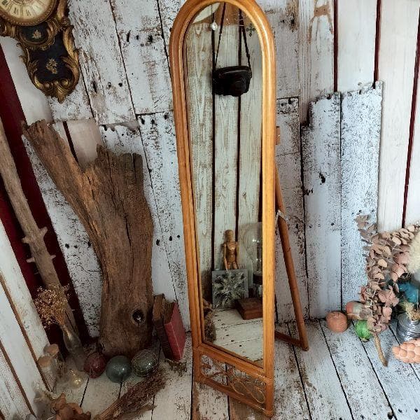80s ヴィンテージ BLUASTRA ラタン フレーム スタンド ミラー 姿見