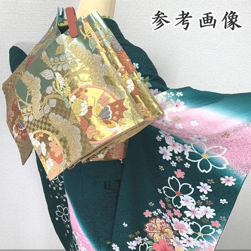502z21.半衿〇京都きもの友禅 振袖 地紋 金彩 桜 花 緑〇美品 成人式