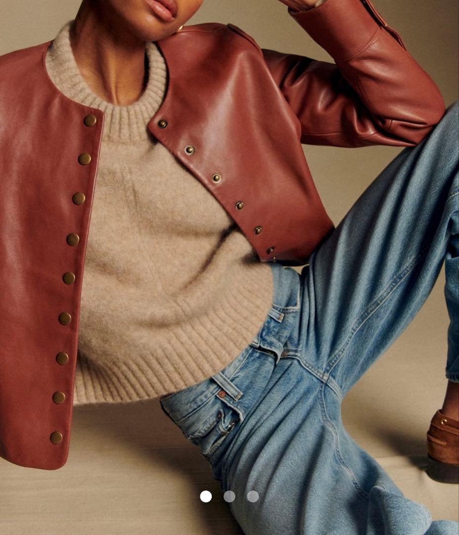 Sézane ノーカラー レザージャケット ブラウン FR 46