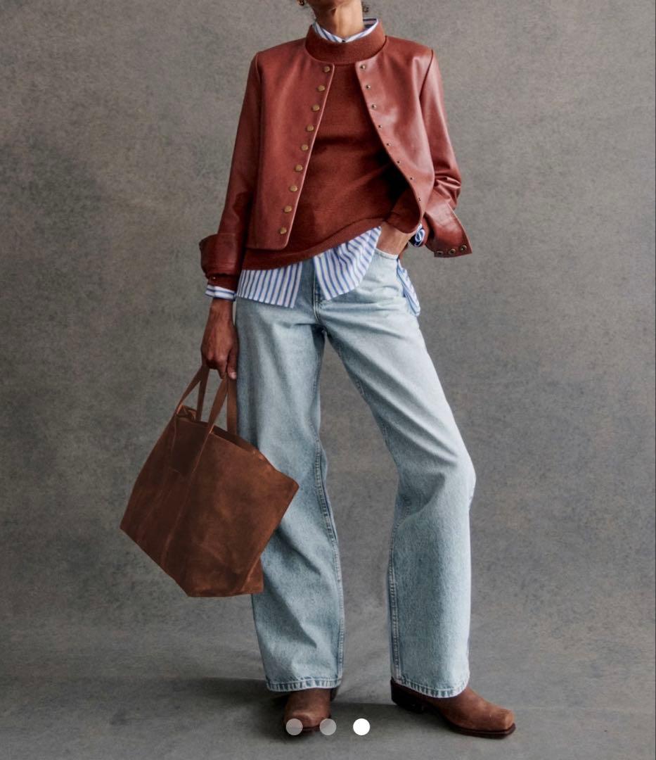 Sézane ノーカラー レザージャケット ブラウン FR 46