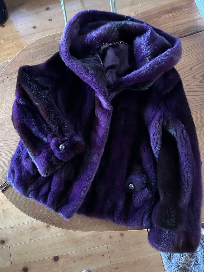 ミンク　毛皮　フード付き　ショート丈　パープル　紫