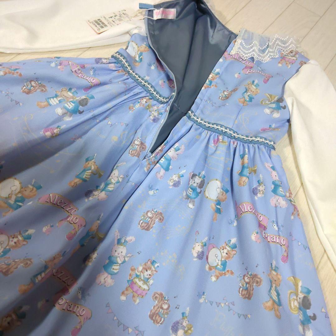 メゾピアノ120サイズ　鼓笛隊柄ドッキングワンピース　サックスブルー　長袖