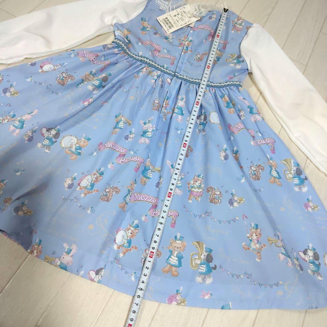 メゾピアノ120サイズ　鼓笛隊柄ドッキングワンピース　サックスブルー　長袖