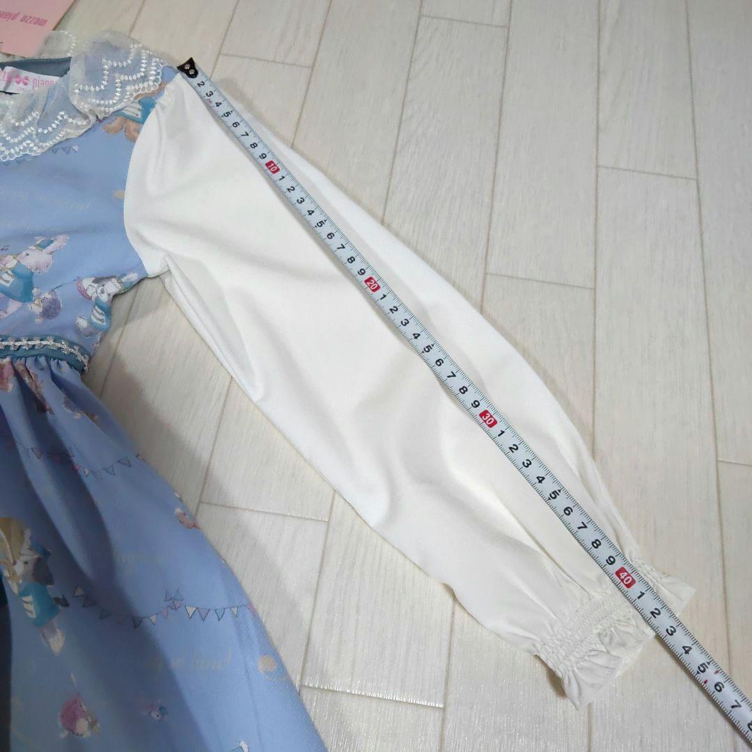 メゾピアノ120サイズ　鼓笛隊柄ドッキングワンピース　サックスブルー　長袖