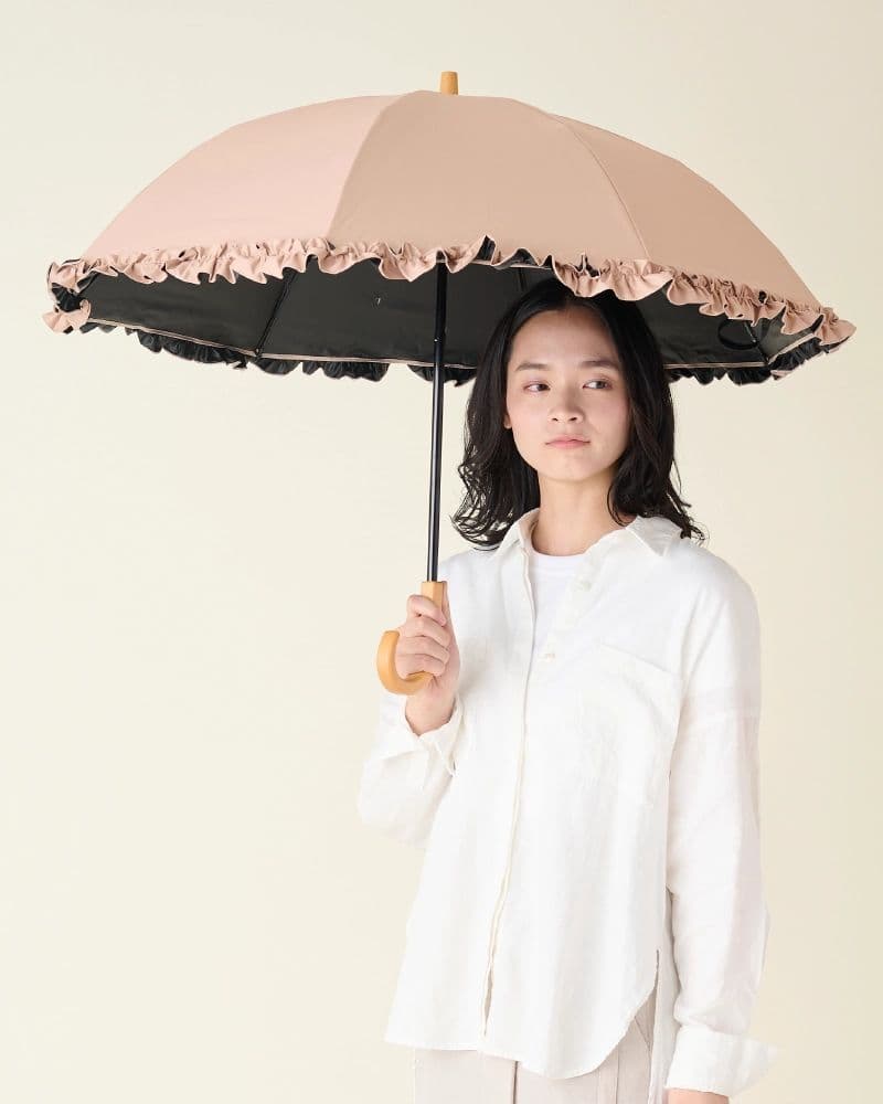 サンバリア100 折りたたみ日傘 ２段折 フリル ピンク 木曲がり手元
