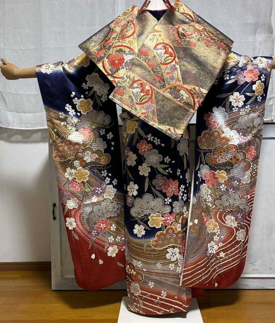 【振袖フルセット】+着付け小物フルセット豪華金彩 四季花文 流水文様 金駒刺繍