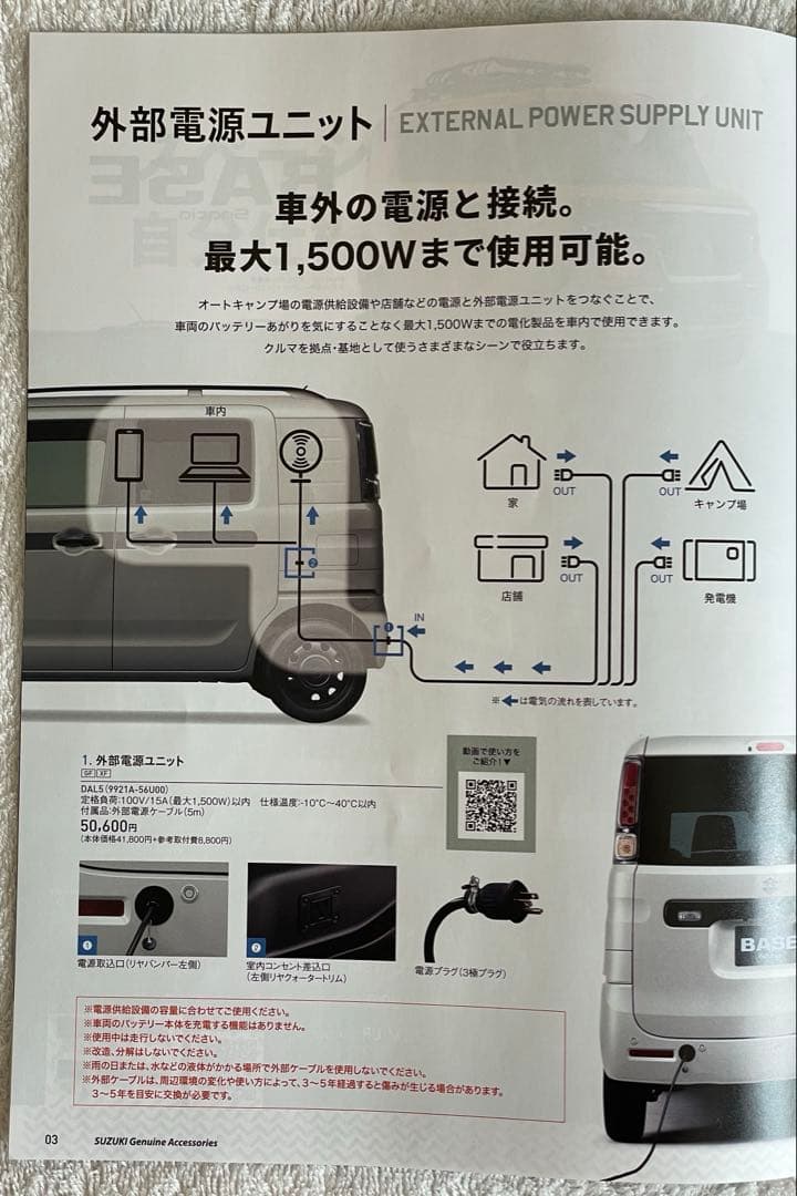 スペーシアベース BASE 外部電源ユニット用 電源ケーブル（5m） 純正