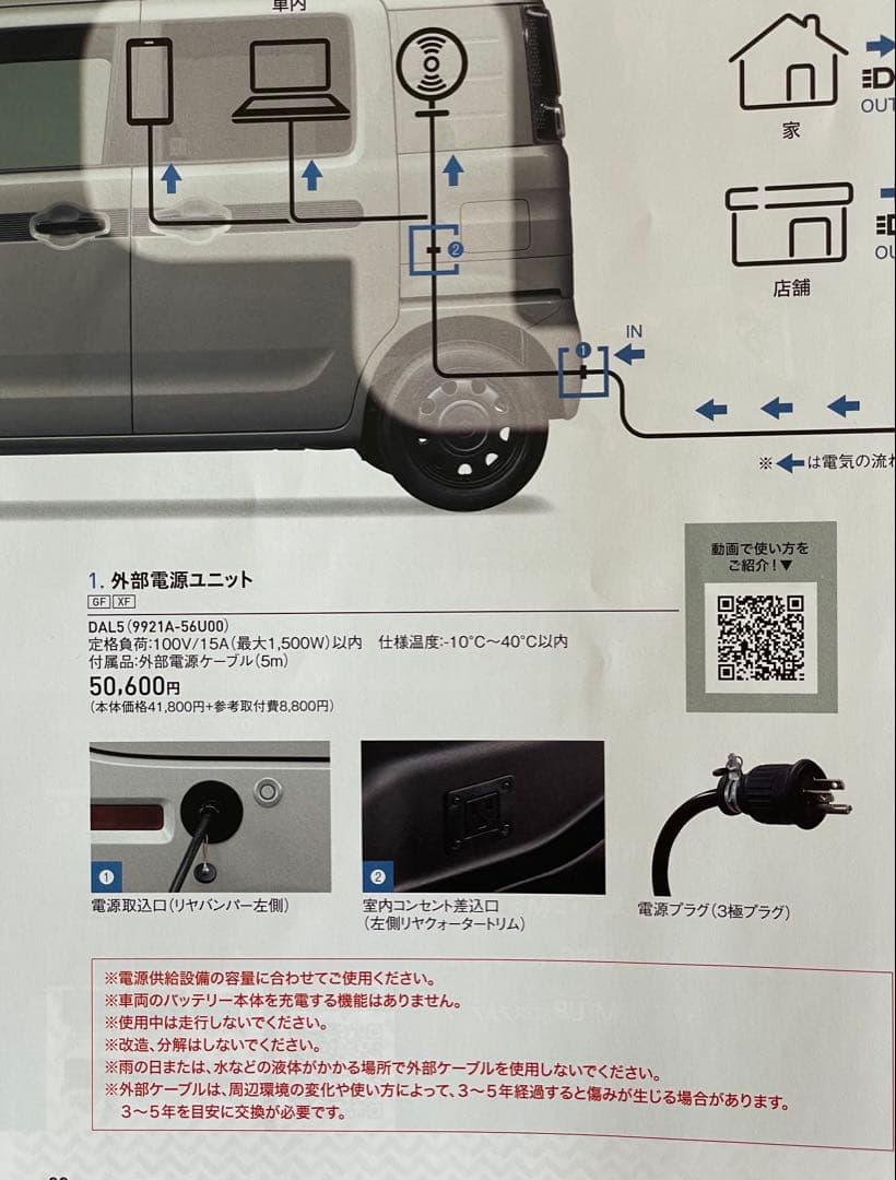スペーシアベース BASE 外部電源ユニット用 電源ケーブル（5m） 純正