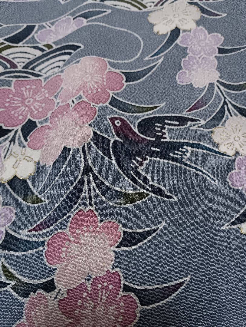 訪問着　正絹　袷　縮緬　ブルーグレー　桜