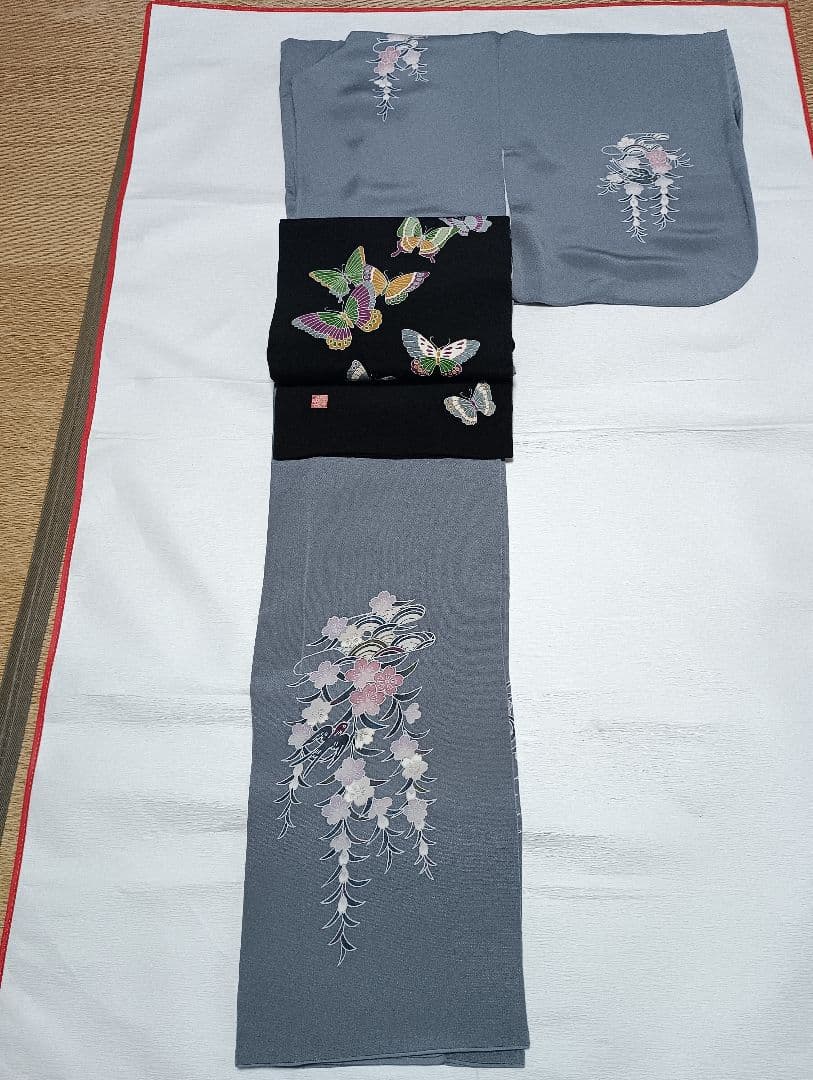 訪問着　正絹　袷　縮緬　ブルーグレー　桜