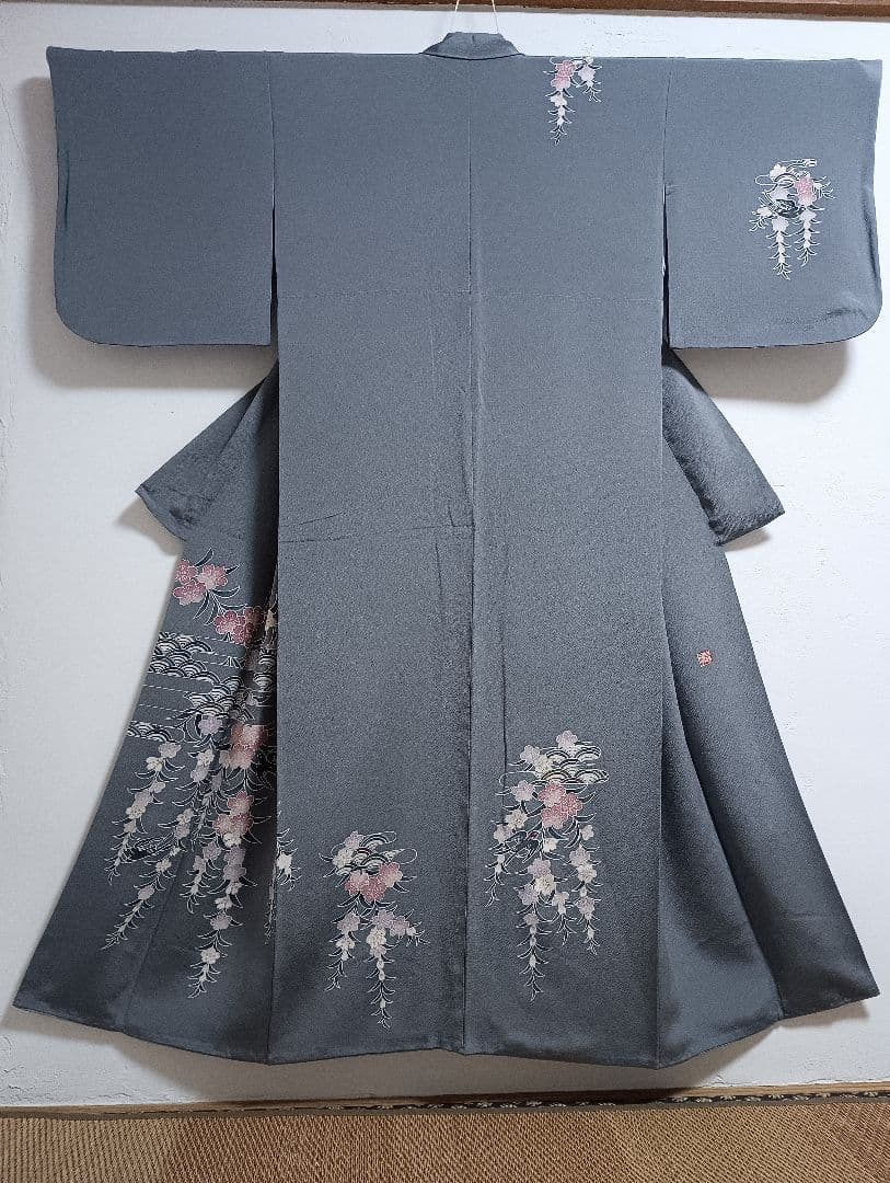 訪問着　正絹　袷　縮緬　ブルーグレー　桜