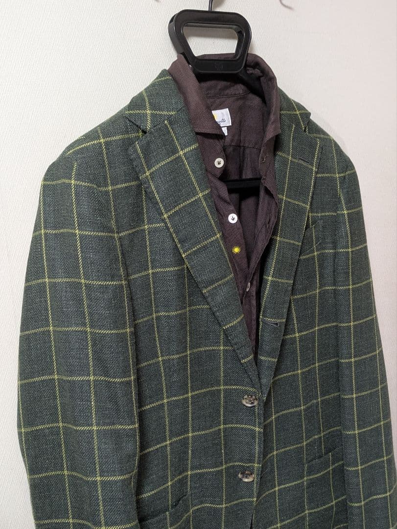 ★ルイジボレッリ メンズテーラードジャケット グリーン 46 本切羽 チェック柄