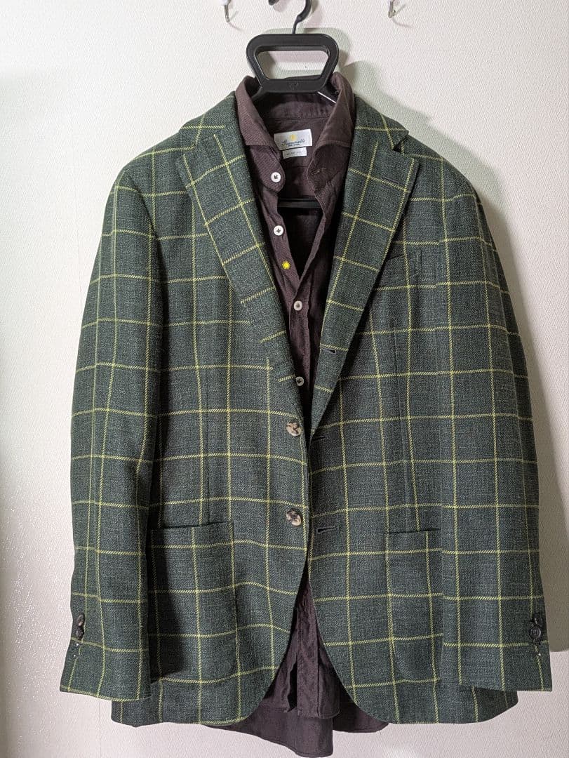 ★ルイジボレッリ メンズテーラードジャケット グリーン 46 本切羽 チェック柄