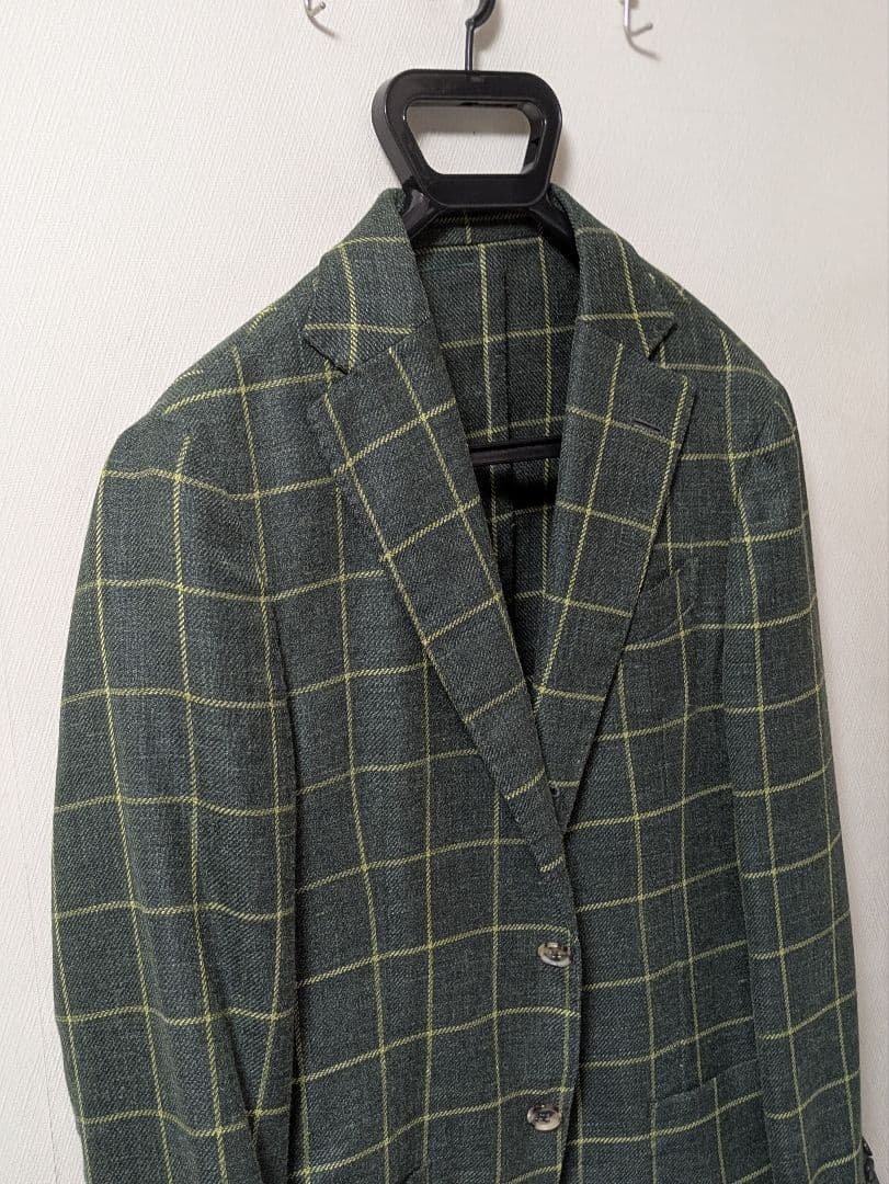 ★ルイジボレッリ メンズテーラードジャケット グリーン 46 本切羽 チェック柄