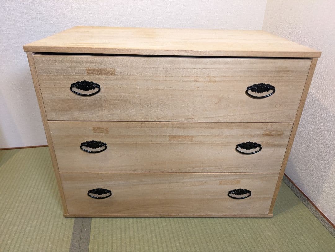 天然木桐箪笥　3段　桐タンス　マーゼルン 側面取っ手付き