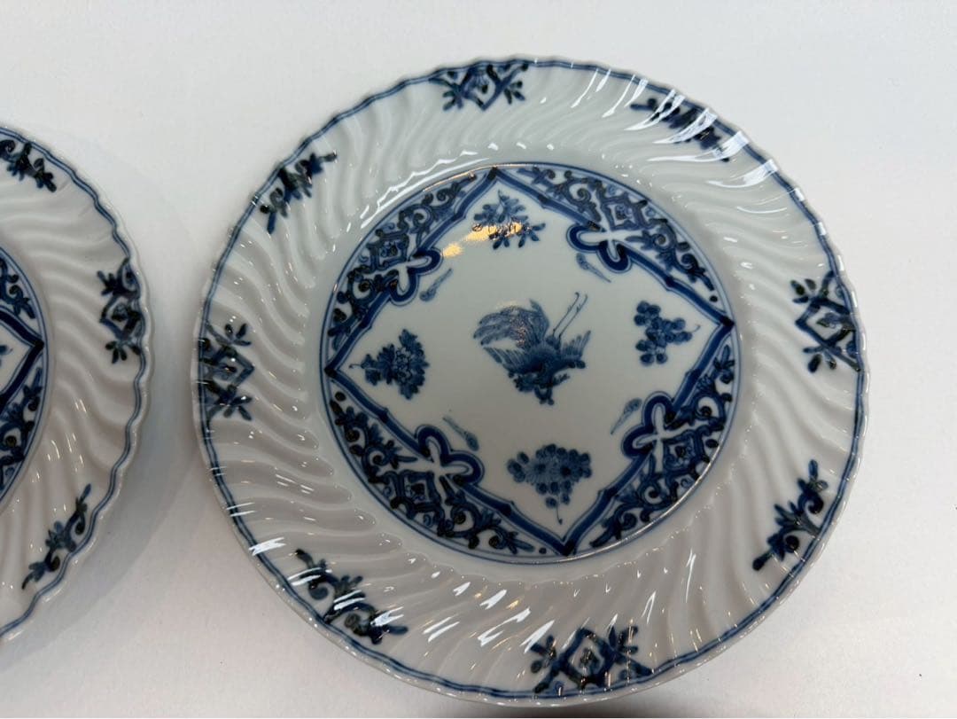 九谷　山本長左作 染付　鳳凰文和皿　4客入　禾使用、共箱、陶歷付