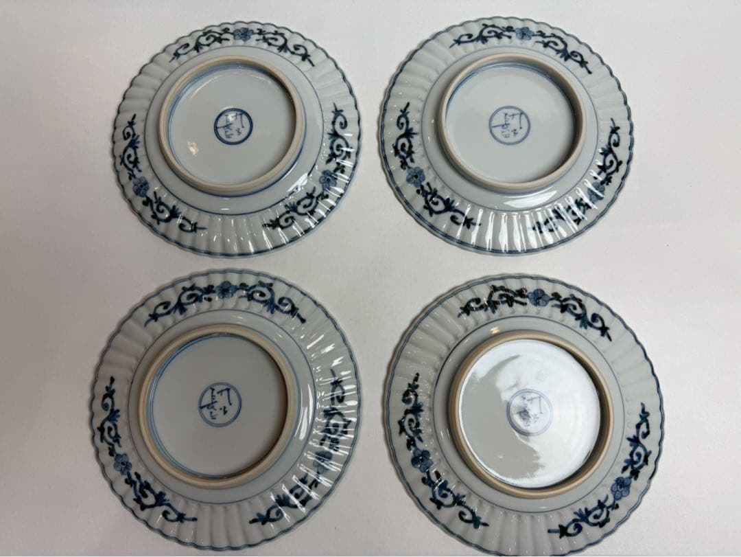 九谷　山本長左作 染付　鳳凰文和皿　4客入　禾使用、共箱、陶歷付