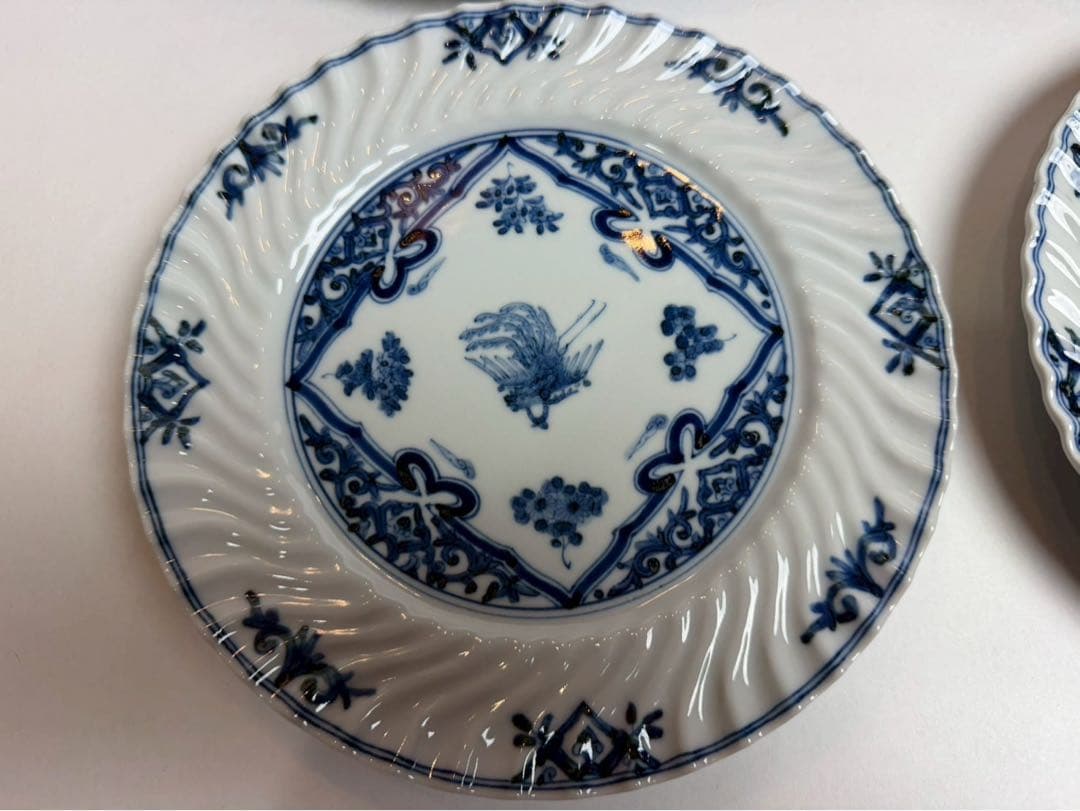 九谷　山本長左作 染付　鳳凰文和皿　4客入　禾使用、共箱、陶歷付